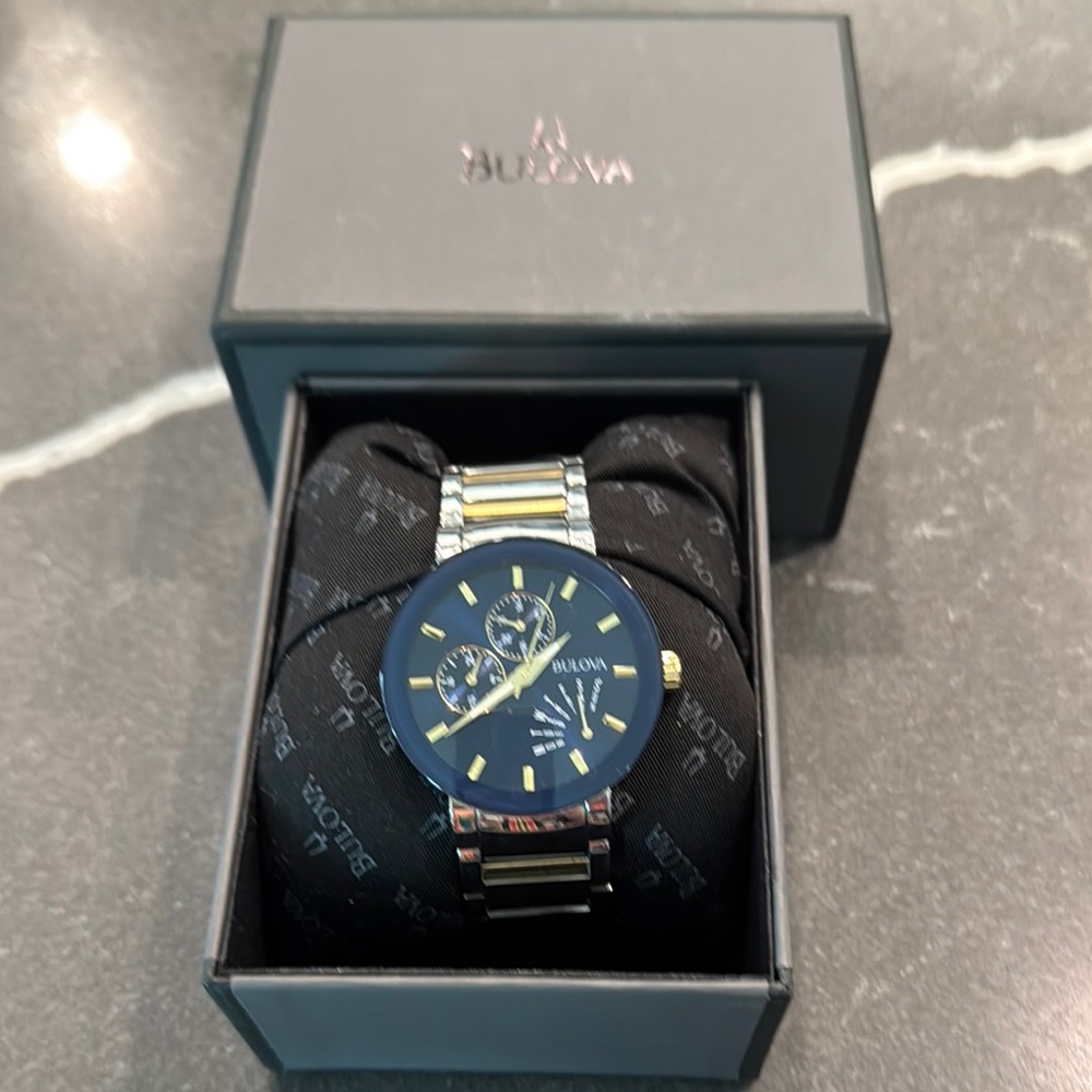 Bulova Men's Modern Futuro TwoTone Chronograph Watch 98C148. Original Box.